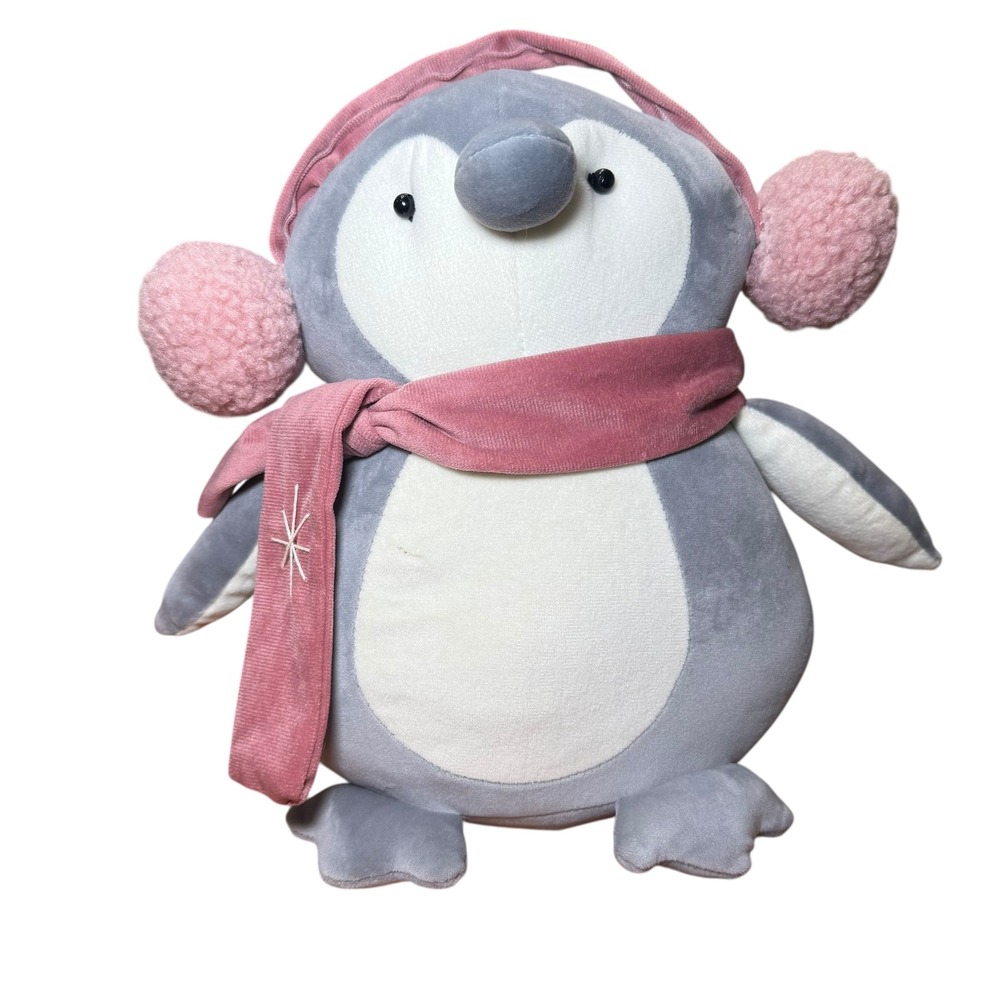 Adorable Gray Penguin Weighted Plush Toy with Pink Scarf‎ & Earmuffs